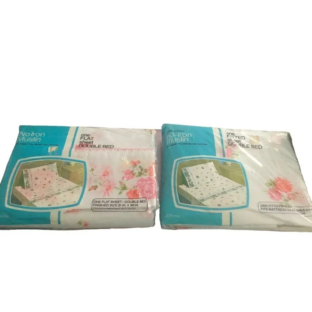 VINTAGE J.C Penney Pink Flower Floral Flat & Fitted Sheet Double Bed Muslin NIP